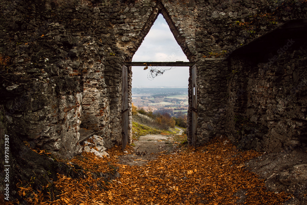 Image of opened Castle gate with beautiful view from arched passage with leafs on the floor in autumn. Gateway (path) in amazing fall colours with view on the village under the castle (ruins)