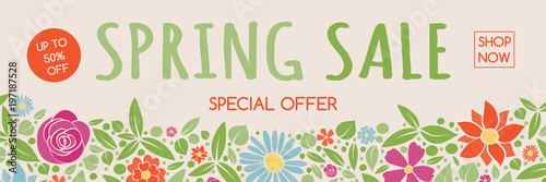 Spring Sale - colorful banner with flowers. Vector.