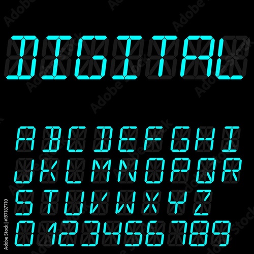 digital font signs made up from sixteen segments on dark background. Retro alphabet