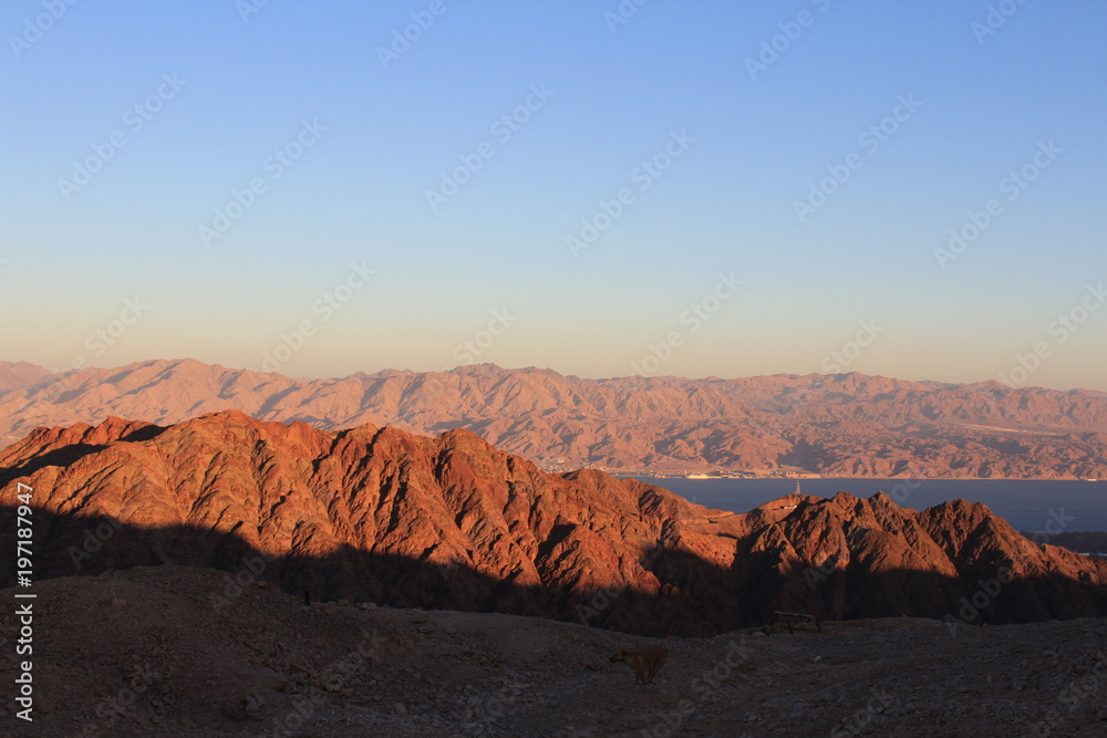 Red Sea, Eilat, view of Jordan, sunset