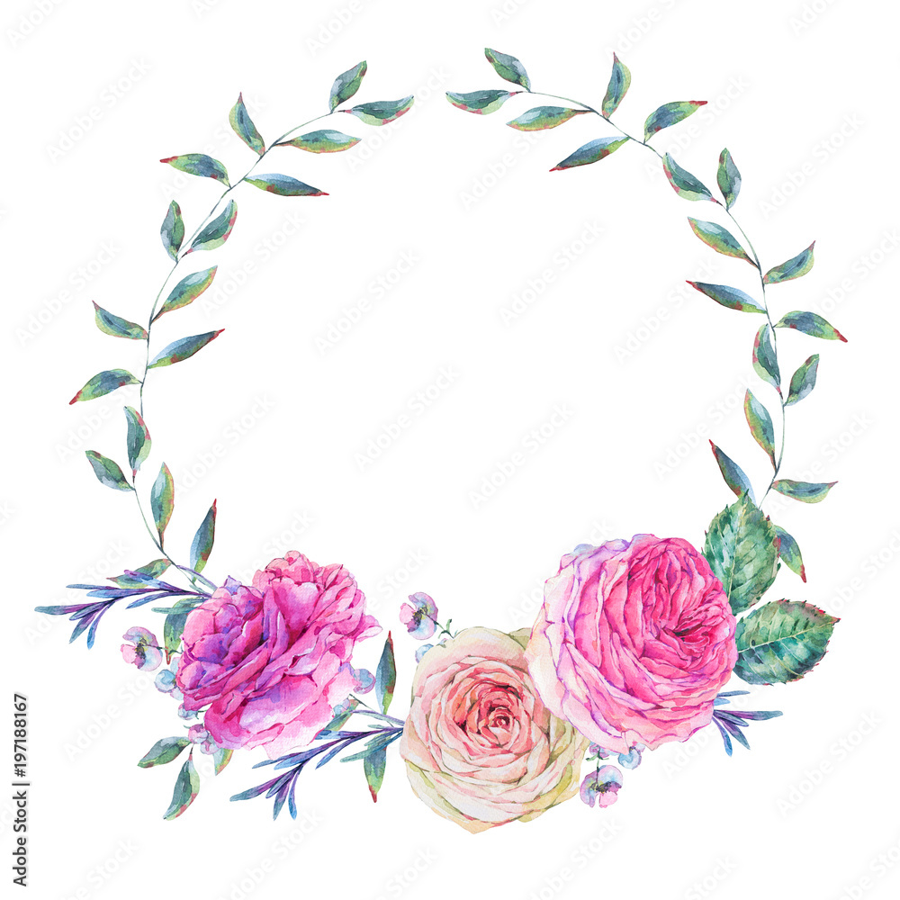 Naklejka premium Nature watercolor round wreath with roses