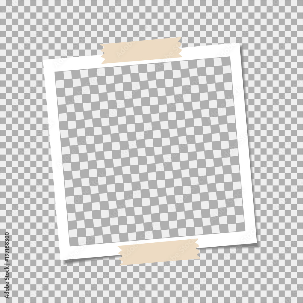 Photo frame with sticky tape on grey background. Template, blank for your trendy photo