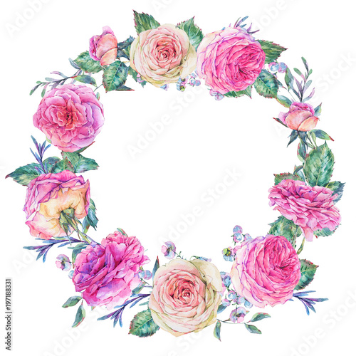 Nature watercolor round wreath with roses