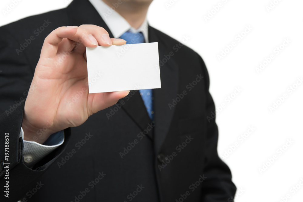Man's hand showing business card - closeup shot on white background Man's hand showing business card - closeup shot on white background
