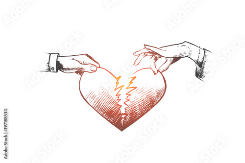 Broken heart concept. Hand drawn man and a woman holding two half of broken heart. Crisis relationship or divorce isolated vector illustration.