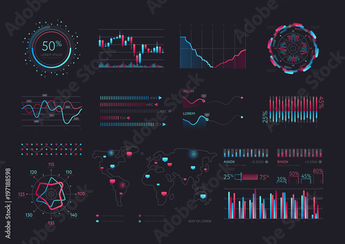 Interface screen with data infographic digital illustration. Dashboard technology hud vector interface and network management data screen with charts and diagrams.