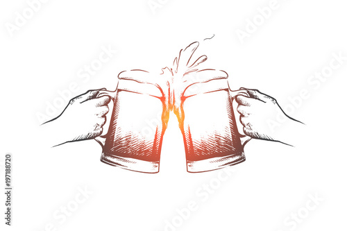 October fest concept. Hand drawn male hands with mugs of beer. Fresh beer with foam isolated vector illustration.