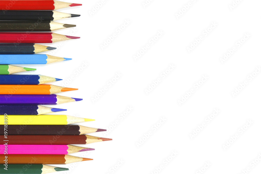 Color pencils isolated on white background. Art and hobby concept card, empty space for text, top view Color pencils isolated on white background. Art and hobby concept card, empty space for text, top view