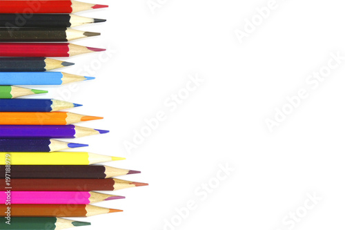 Color pencils isolated on white background. Art and hobby concept card, empty space for text, top view