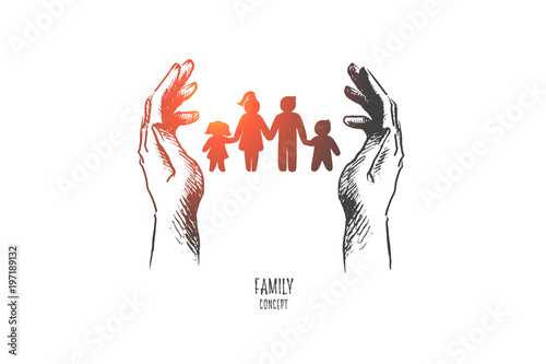 Family concept. Hand drawn silhouette of family mother father and children. Happy family concept poster isolated vector illustration.