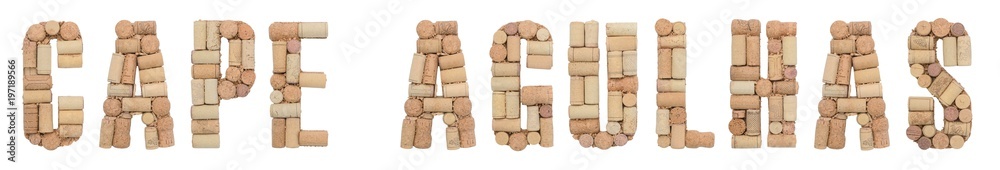 Wine region of South Africa Cape Agulhas made of wine corks Isolated on white background