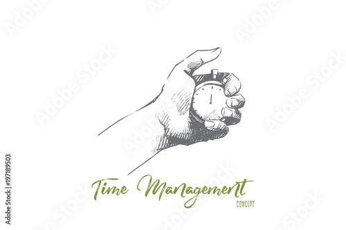 Time management concept. Hand drawn male hand with stopwatch. Watch in hand as symbol of deadline isolated vector illustration.