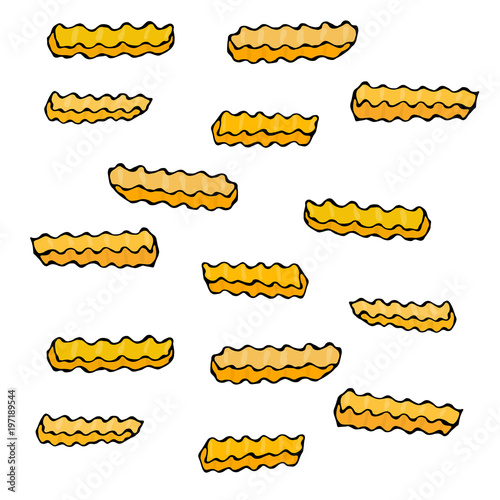 Wave Form French Fries. Fried Potato. Figure Knife Cuts of Potato Vegetable. Carved Cooking Ingredient, Fast Food or Street Food Cuisine. Realistic Hand Drawn Illustration. Savoyar Doodle Style.