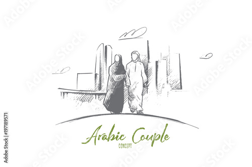 Arabic couple concept. Hand drawn arabic man and woman in modern city. Arabic couple in national dress holding hands isolated vector illustration.