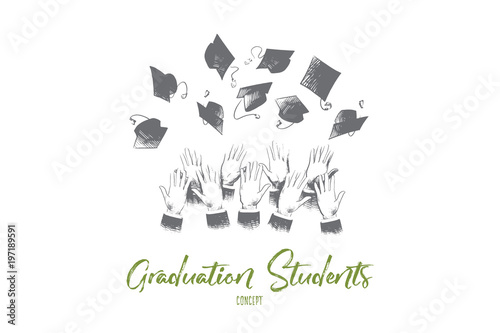 Graduation students concept. Hand drawn hands of students throwing graduation hats in air. Graduation and education concept isolated vector illustration.