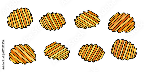 Ruffled or Corrugated Potato Chips. Beer Snack. Figure Knife Cuts of Vegetable. Carved Cooking Ingredient. Fast Food or Street Food Cuisine. Realistic Hand Drawn Illustration. Savoyar Doodle Style.