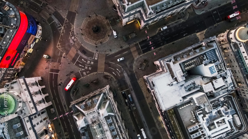 фотография Bird's Eye View Flying Over Piccadilly Circus and Aerial View of London City Str