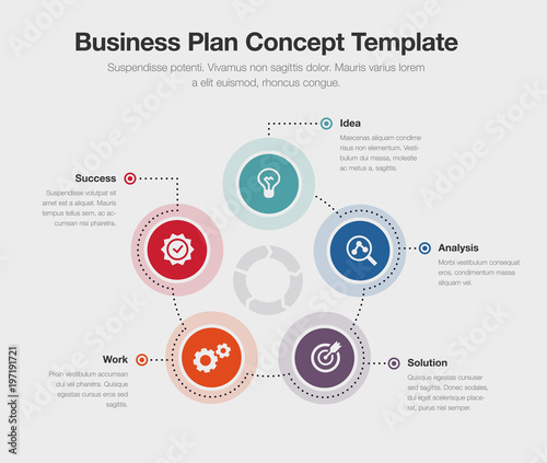 Vector infographic business plan visualization template with colorful circles isolated on light background. Easy to use for your design or presentation.