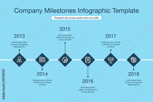 Vector infographic for company milestones timeline template with dark rhombus isolated on blue background. Easy to use for your website or presentation.