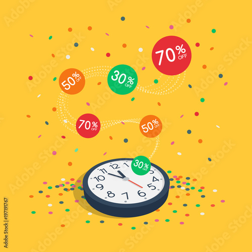 Special limited time sale symbol with wall watch, flying colorful labels and flying confetti isolated on yellow background. Easy to use for your design with transparent shadows.