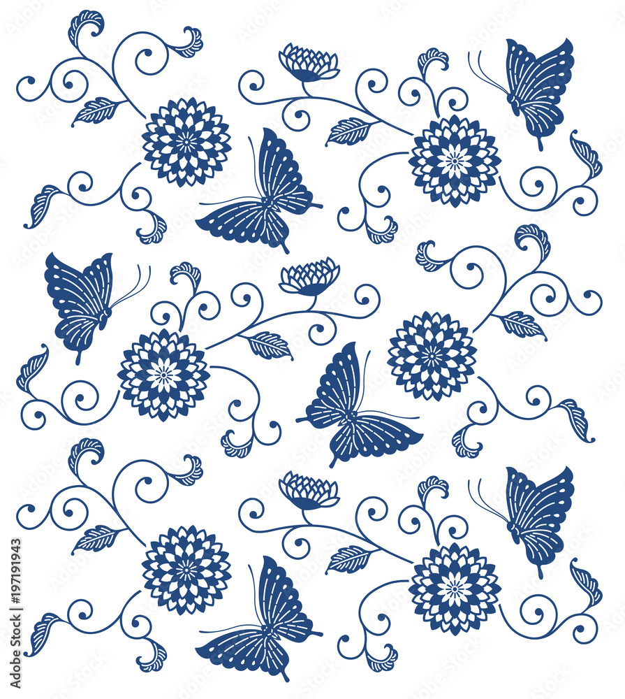 蝶々と花の和風模様イラスト Stock ベクター Adobe Stock