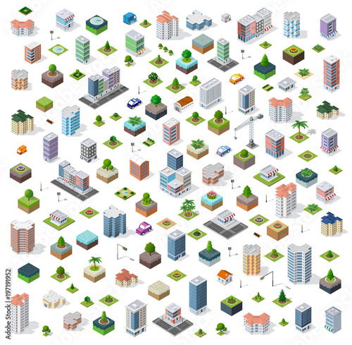 An isometric city set street road traffic cars. Infrastructure landscapes urban economy.