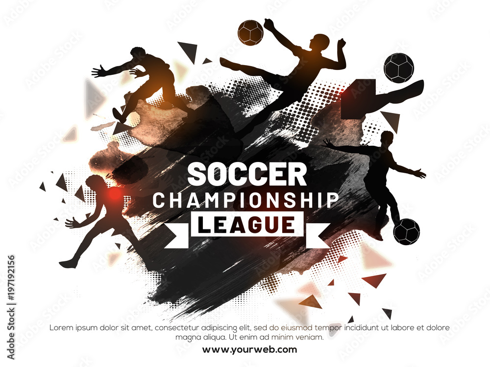 Naklejka premium Soccer Championship League with multilple playing actions by soccer players. Abstract grungy brown background.
