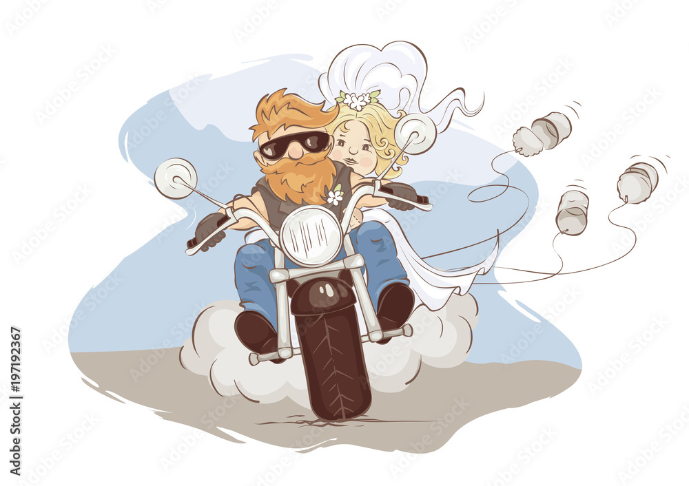 Wedding bikers / Vector illustration, postcard just married on a