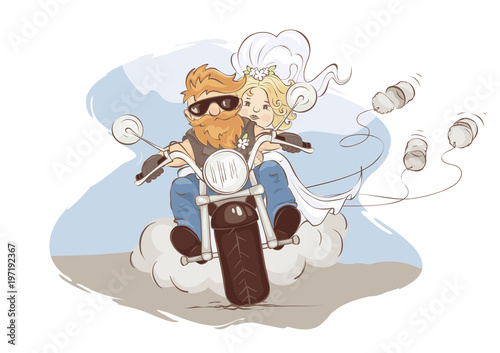 Wedding bikers / Vector illustration, postcard -- just married on a motorcycle