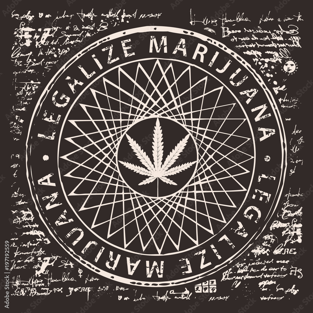 Vector banner for legalize marijuana with hemp leaf pattern on abstract old papyrus background or grunge style manuscript. Natural product made from organic hemp. Smoking weed. Medical cannabis logo