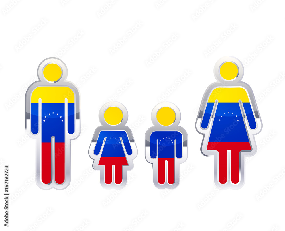 Glossy metal badge icon in man, woman and childrens shapes with Venezuela flag, infographic element on white Glossy metal badge icon in man, woman and childrens shapes with Venezuela flag, infographic element on white