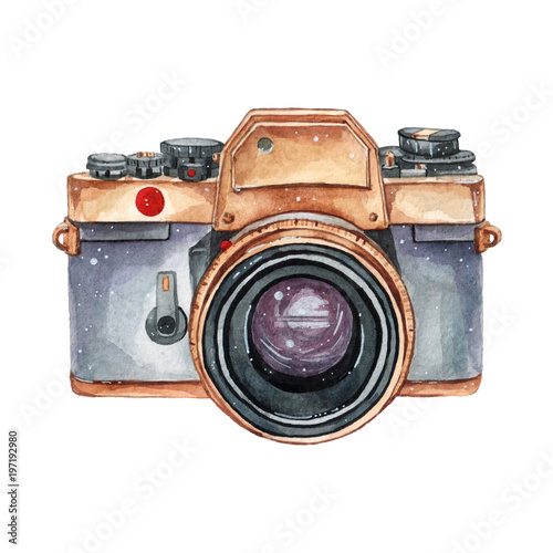 Vintage retro watercolor camera. Perfect for photography logo