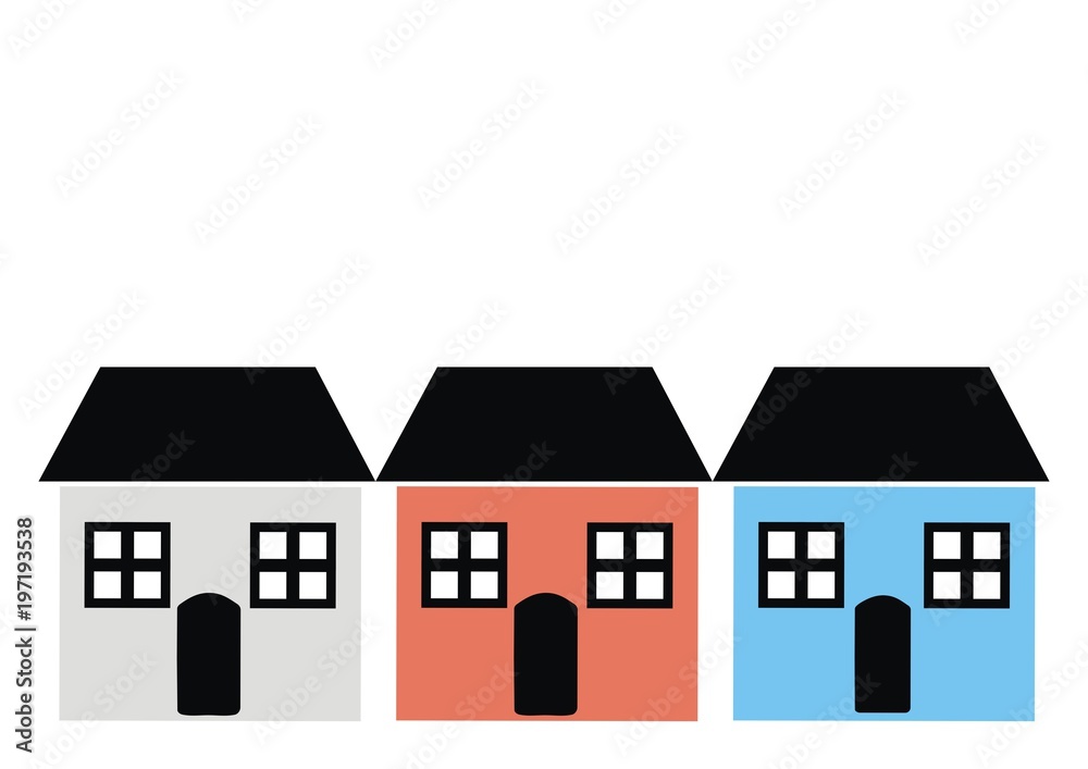 Three houses  with window, door, and roof, various colours, vector icon