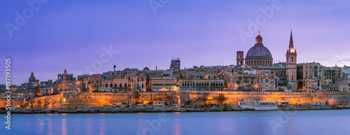 Panoramic skyline of illuminated Valletta in Malta