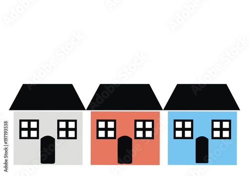 Three houses  with window, door, and roof, various colours, vector icon
