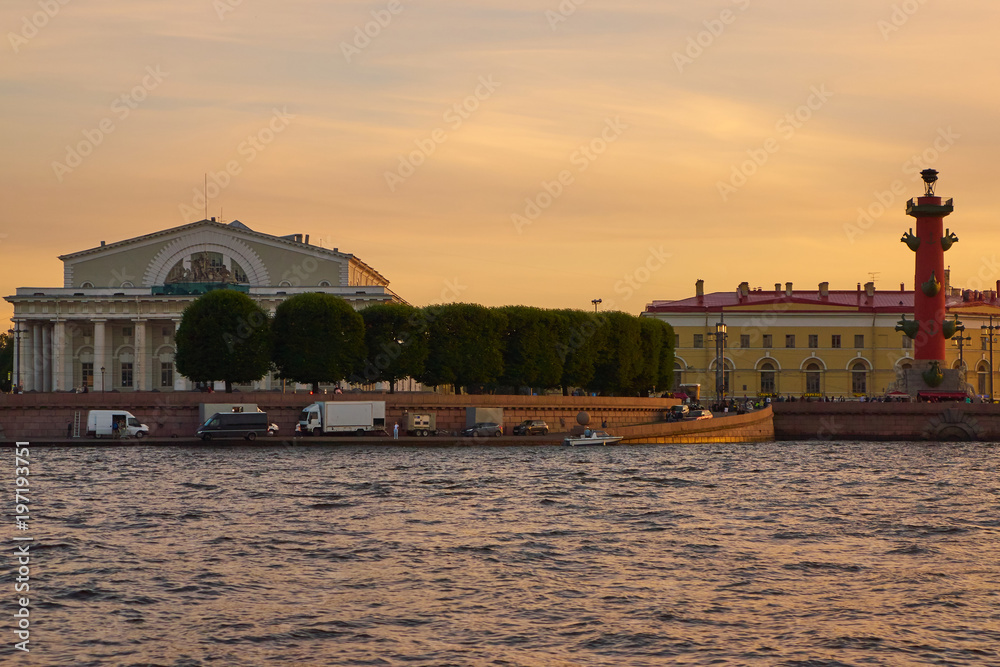 View towards the Rostral Columns at sunset. Saint Petersburg, Russia