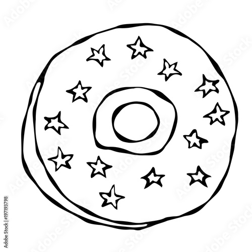 Sweet Donut with PSugar Glaze, Blue and Yellow Stars Topping. Pastry Shop, Confectionery Design. Round Doughnut with Holes. Best Dessert. Realistic Hand Drawn Illustration. Savoyar Doodle Style. photo