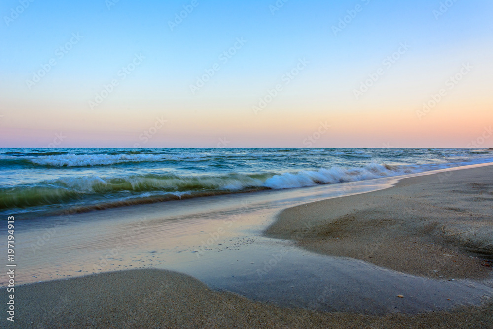 Amazing landscape of the evening Black Sea with magnificent waves