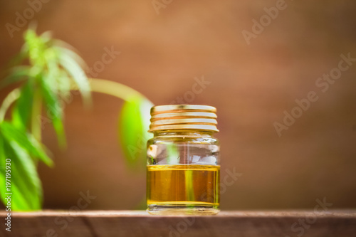 Fototapeta Naklejka Na Ścianę i Meble -  cannabis leaf and bottle of hemp oil on wooden table