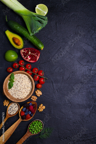 Colorful Vegetables, Fruits and Berries - Healthy Food, Diet, Detox, Clean Eating or Vegetarian Concept. Food background. View from above, top, flat lay with room for text