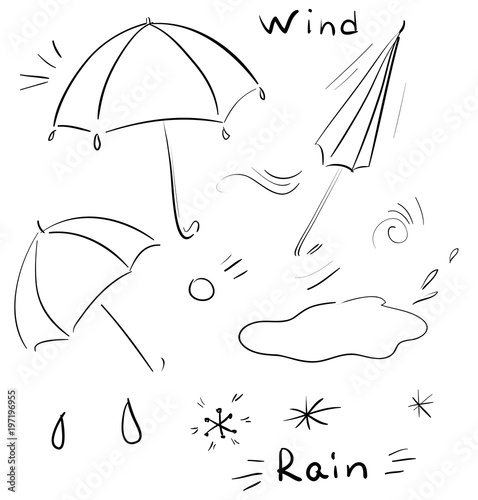 Vector doodle icons with umbrella, rain, hail, puddles