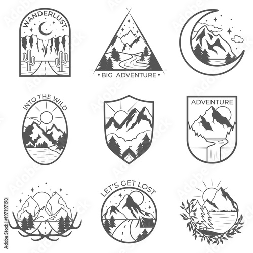 Set of nine vector mountain and outdoor adventures badges. Templates and badges with mountains, trees, tent