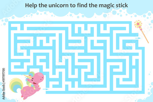Vector maze game. Help the unicorn to find the magic stick. Children educational game