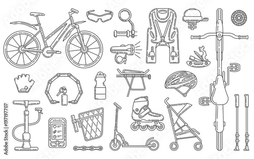 Bicycle theme vector design element set. Editable stroke illustration. Active lifestyle accessories isolated on the white background.
