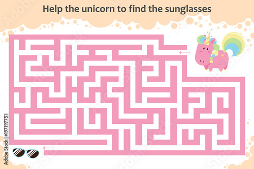 Vector maze game. Help the unicorn to find the sunglasses. Children educational game