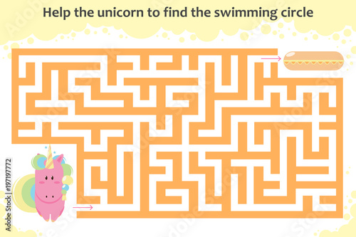 Vector maze game. Help the unicorn to find the swimming circle. Children educational game