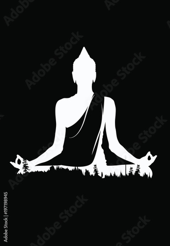 Buddha vector, White buddha on black background, Buddha and nature, meditation background - illustration 