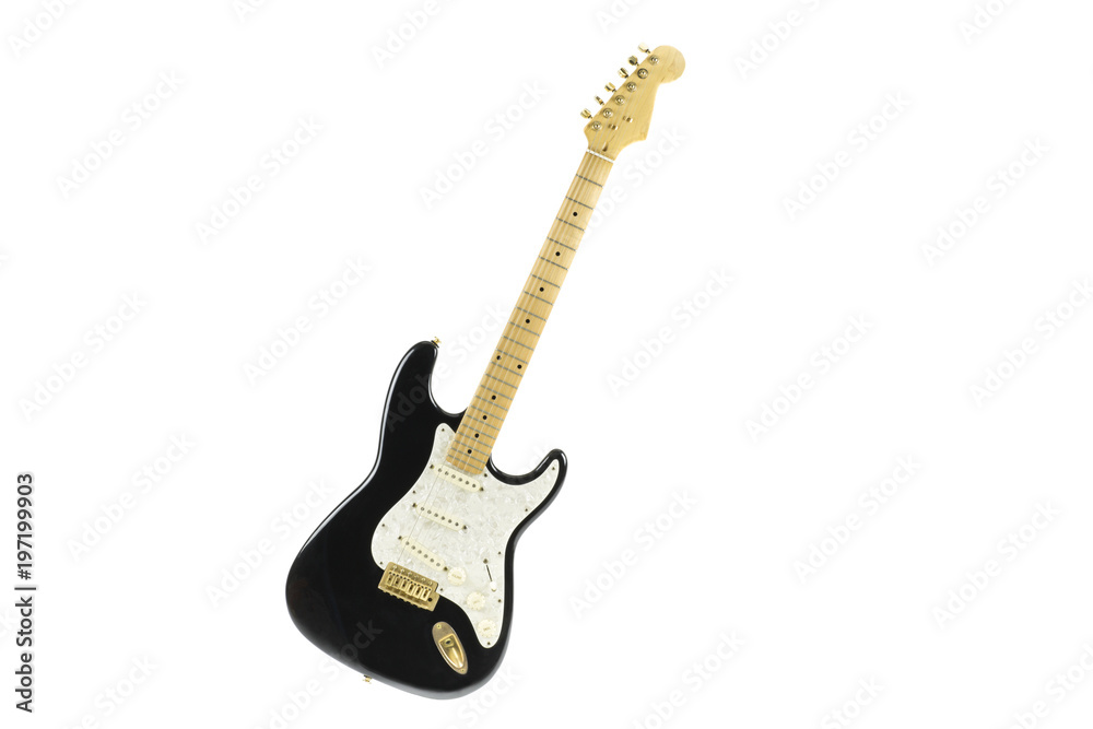 Obraz premium isolated electric black and white guitar / portrait of isolated electric guitar with nacre pickguard