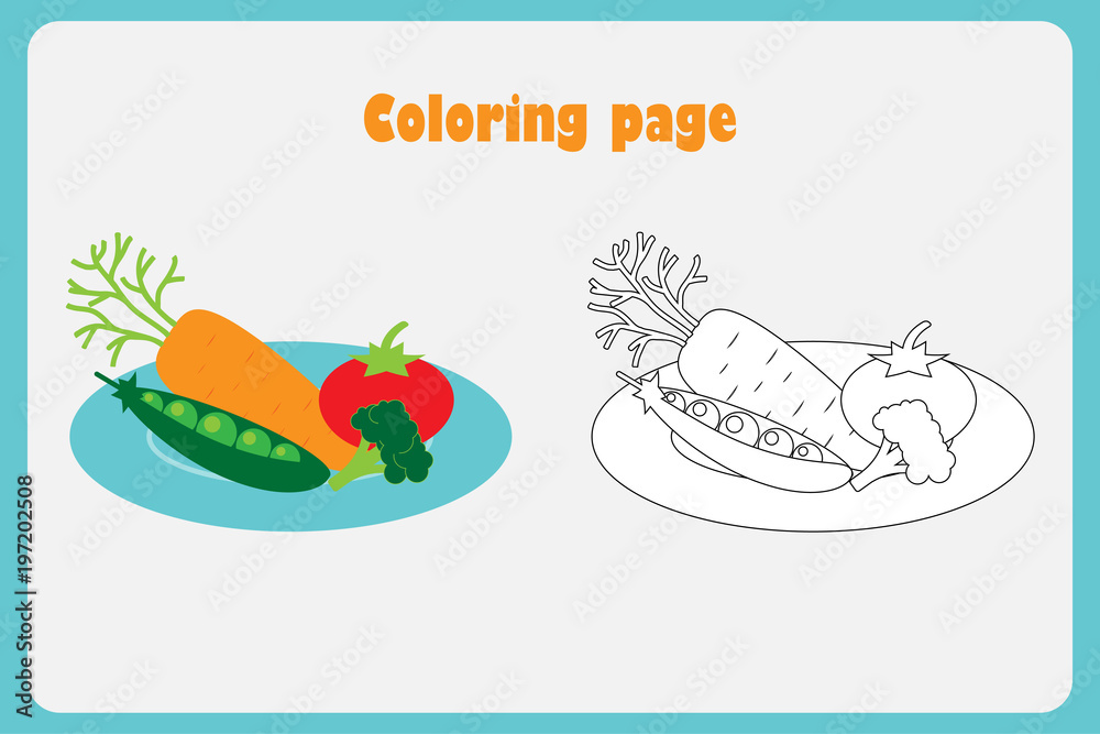 Vegetables on the plate in cartoon style, coloring page, education paper game for the development of children, kids preschool activity, printable worksheet, vector illustration