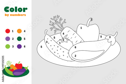 Different vegetables on plate in cartoon style, color by number, education paper game for the development of children, coloring page, kids preschool activity, printable worksheet, vector illustration